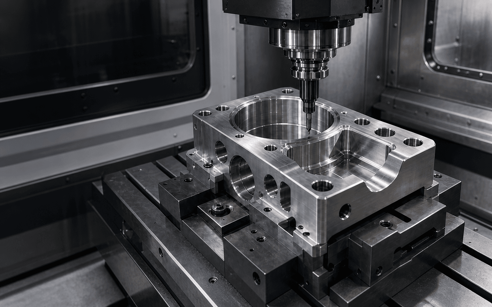 Precision-machined aluminum housing fixtured inside a CNC machining center